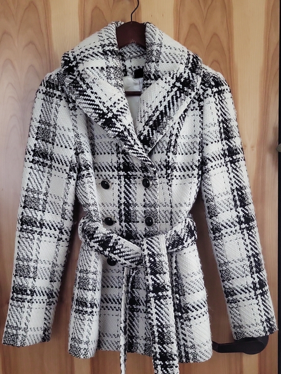 White House Black Market Jackets & Blazers - White House Black Market Black & White Plaid Double-Breasted Belted Pea Coat